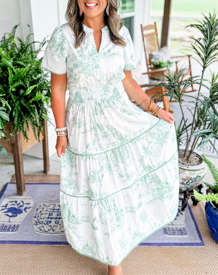 Women's toile print maxi dress with puff sleeves, fitted waist, vintage-inspired scenic motif