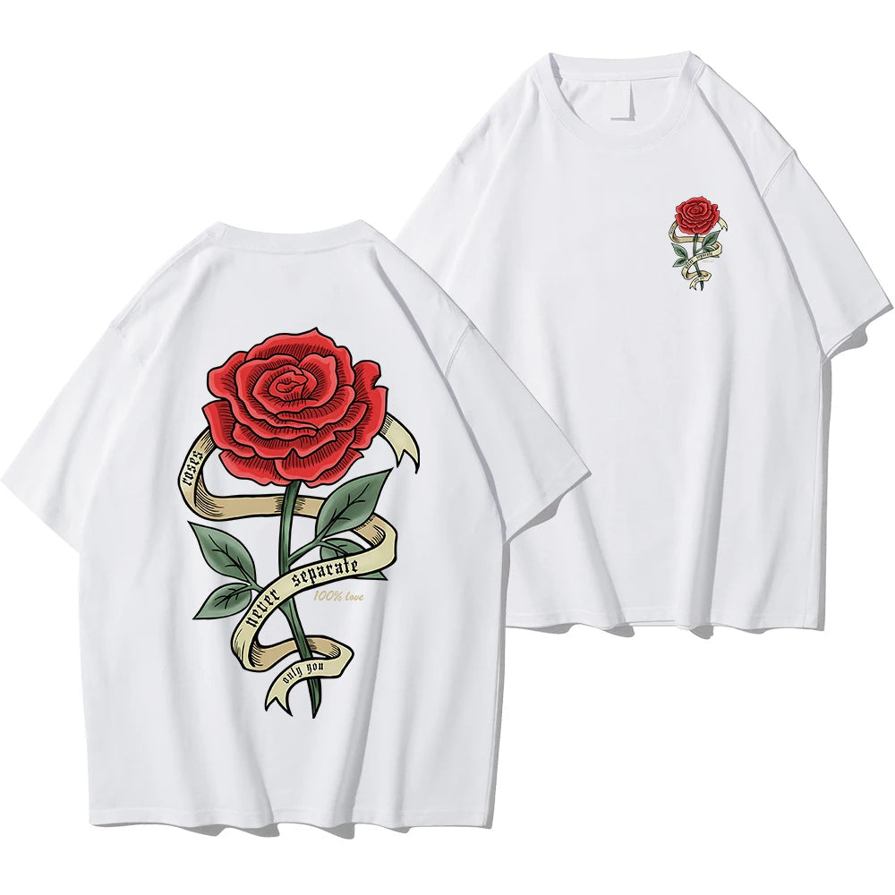 White cotton regular fit graphic tee with bold red rose banner back print for edgy casual style