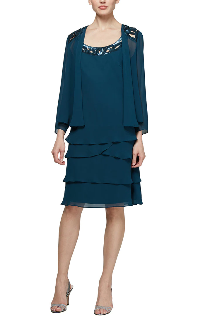 SL Fashions sequin cutout sleeveless short dress with colorful chiffon ruffles and included jacket