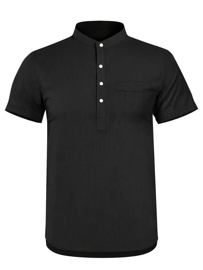 Men's slim fit collarless short-sleeve shirt versatile casual to formal minimalist wardrobe essential