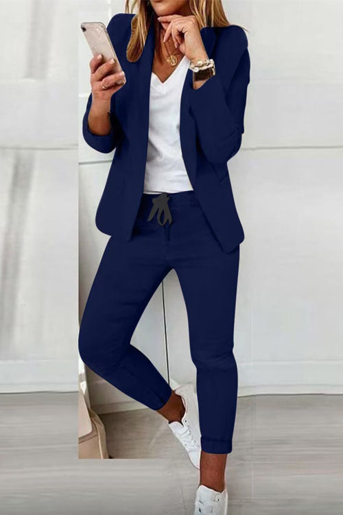 Women's cotton-blend blazer and elastic-waist trousers casual suit set for work