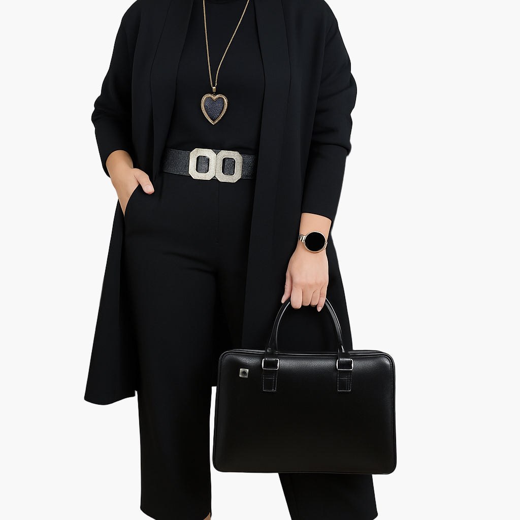 Women 3-piece elegant business casual suit set beige blazer shirt wide-leg trousers office style
