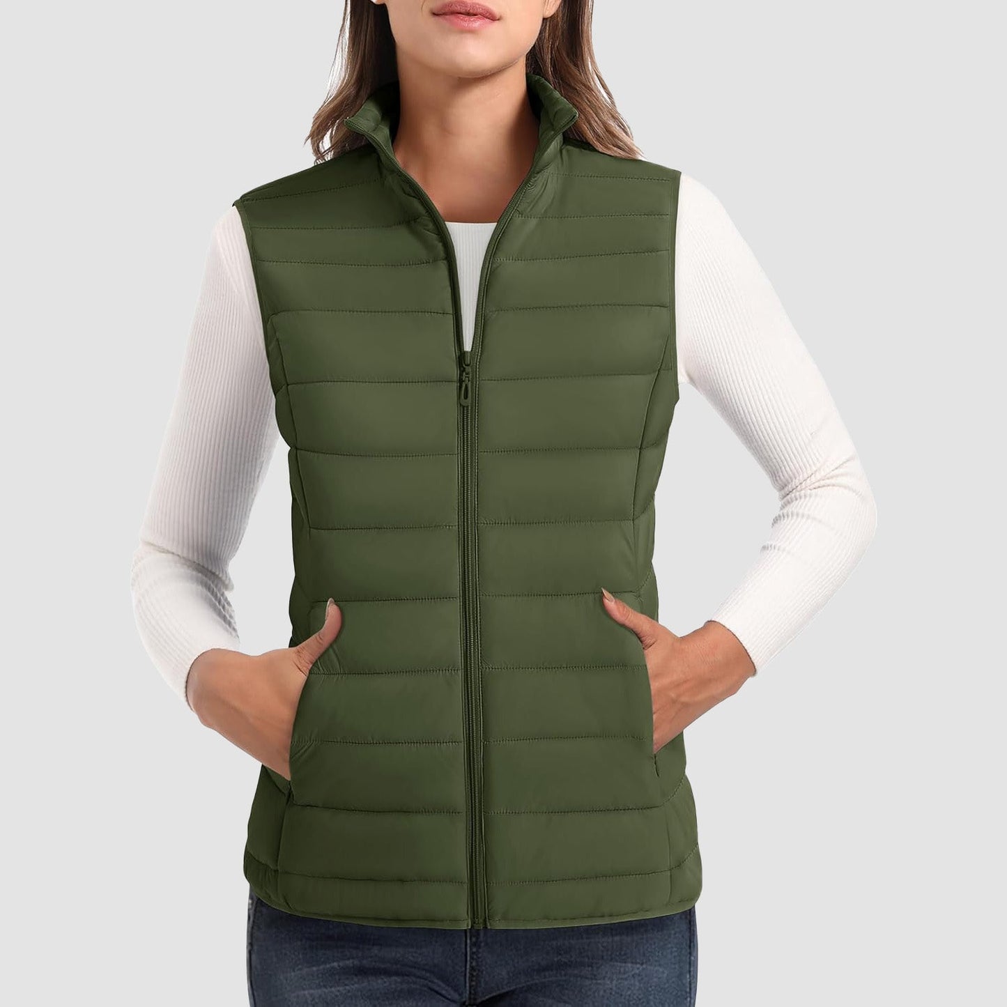 Women's lightweight puffer vest stand collar 4-pocket design water-resistant ultralight warmth layer