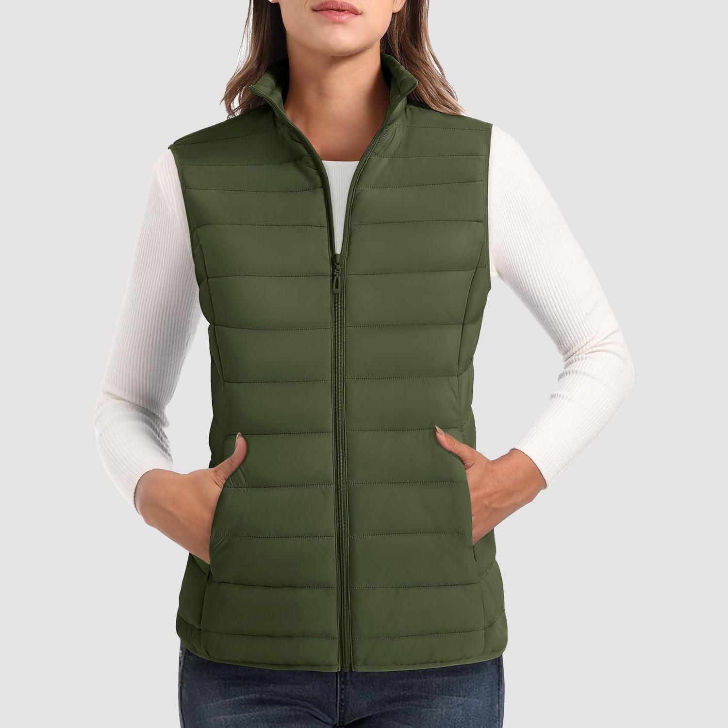 Women's lightweight puffer vest stand collar 4-pocket design water-resistant ultralight warmth layer