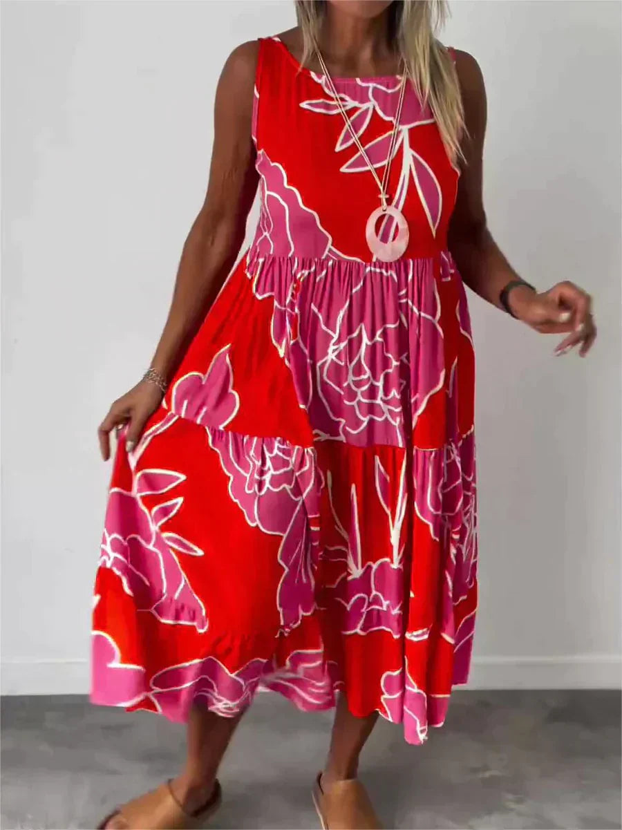 Women's sleeveless elegant cotton dress with unique print, breathable silhouette for warm-weather outings