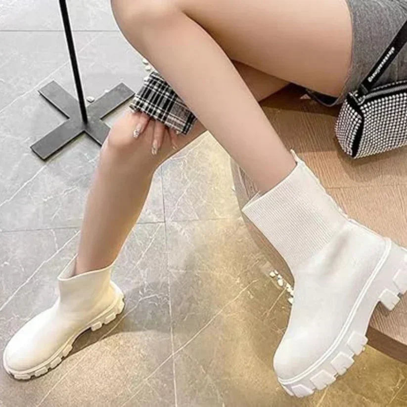 Women's knitted ankle boots neutral tone sock-style upper with chunky fashionable sole
