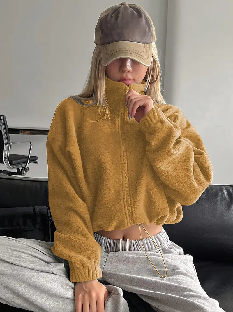 Women's short zip-up jacket structured silhouette high collar casual everyday style warm soft comfort