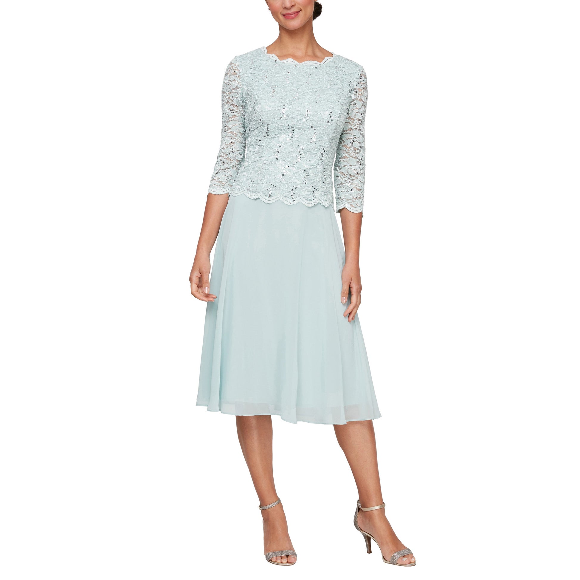Alex Evenings Elegant Mother Of The Bride Dress Sequin Lace Bodice Tea