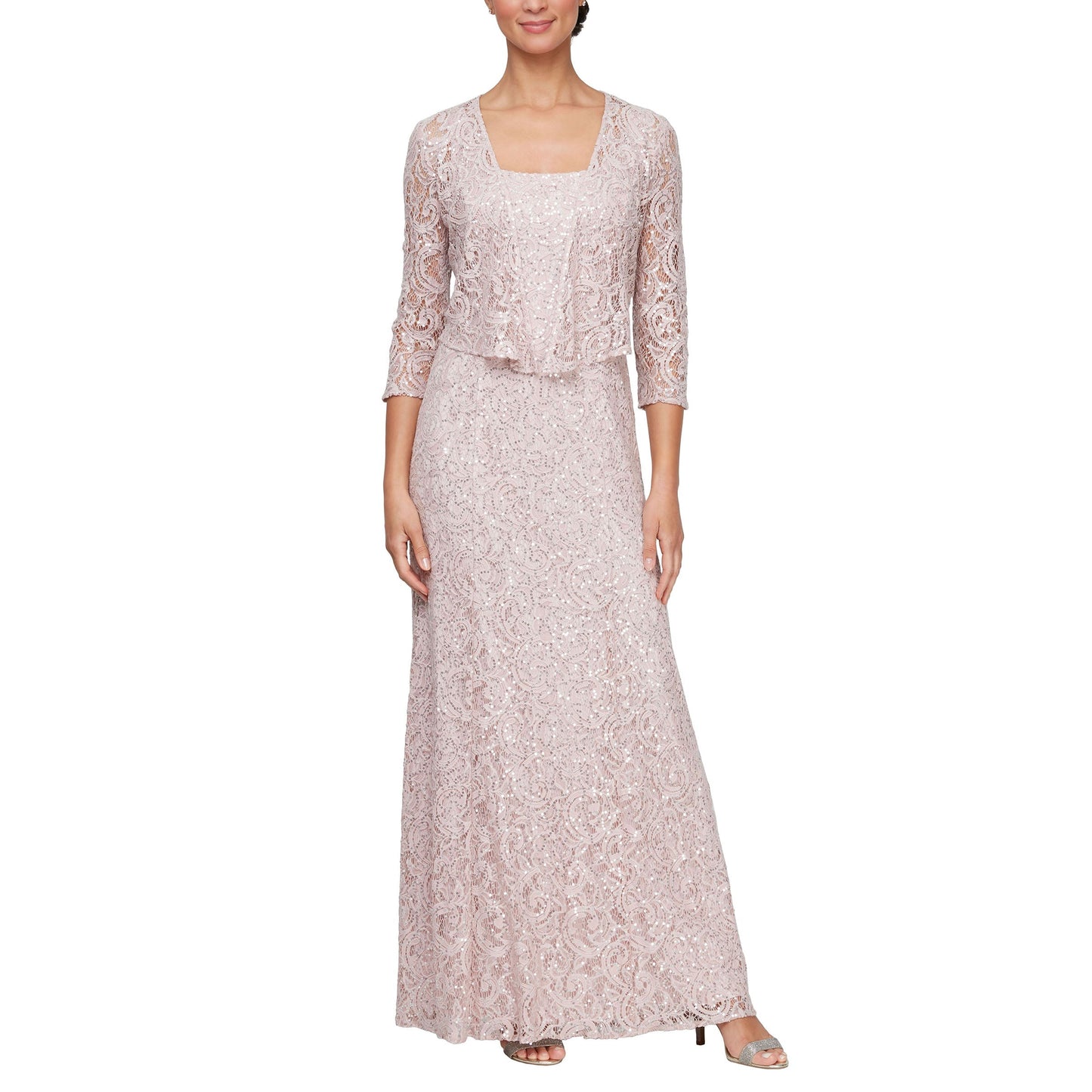 Women's long A-line formal gown in embroidered lace with square neck and attached jacket