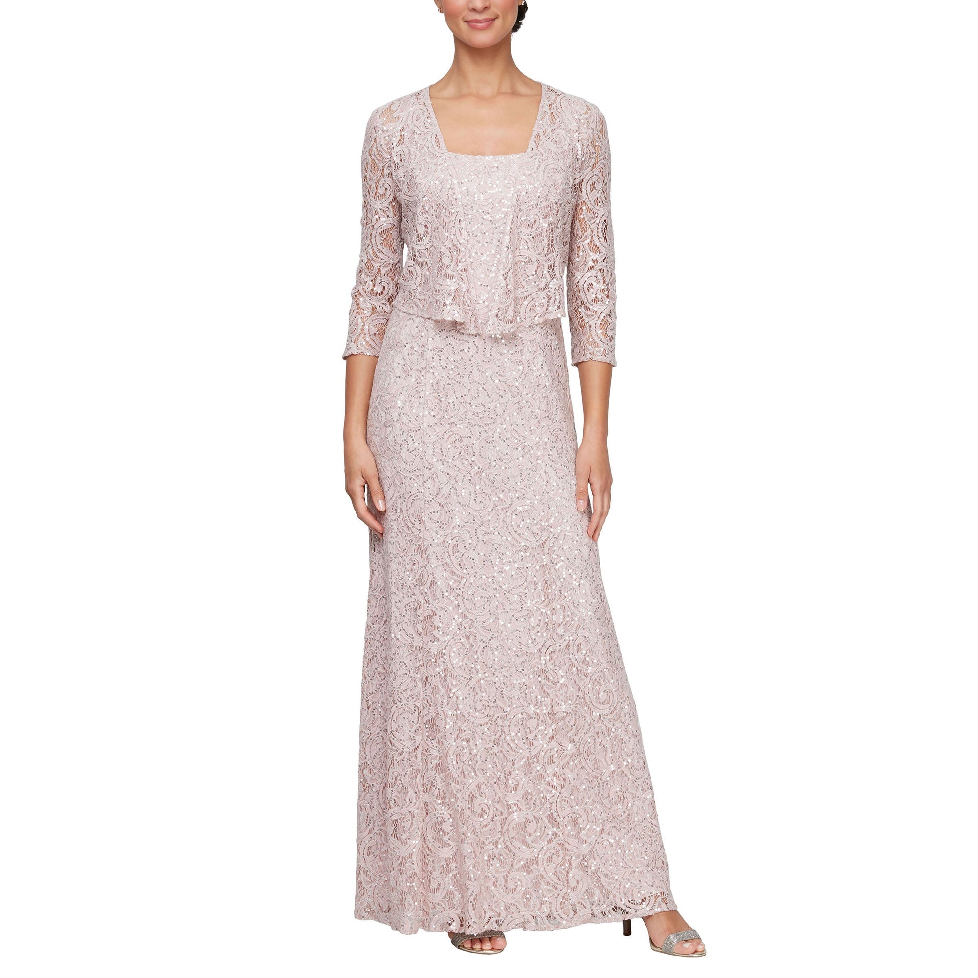 Women's long A-line formal gown in embroidered lace with square neck and attached jacket