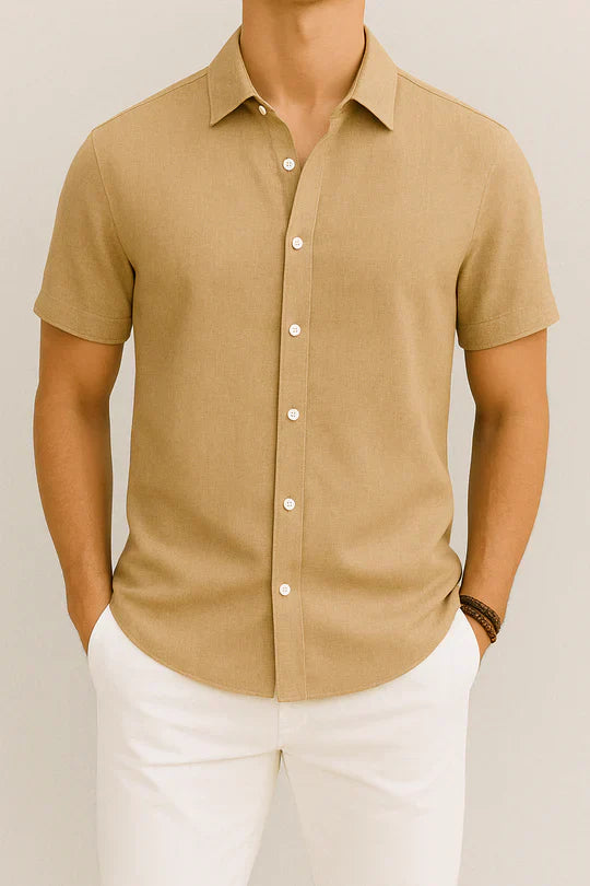 Vero Amsterdam men's short sleeve linen shirt, lightweight cotton-linen blend, minimalist everyday style