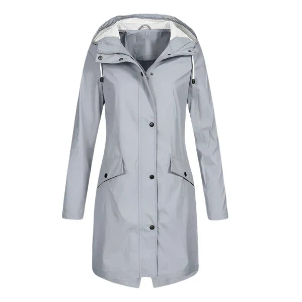 Women's long waterproof hooded raincoat with front zipper and flap pockets windproof navy blue