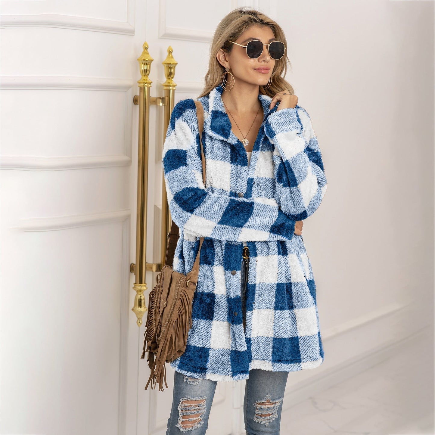 Women's longline colorblock plaid fleece coat cozy warm winter essential bold pattern