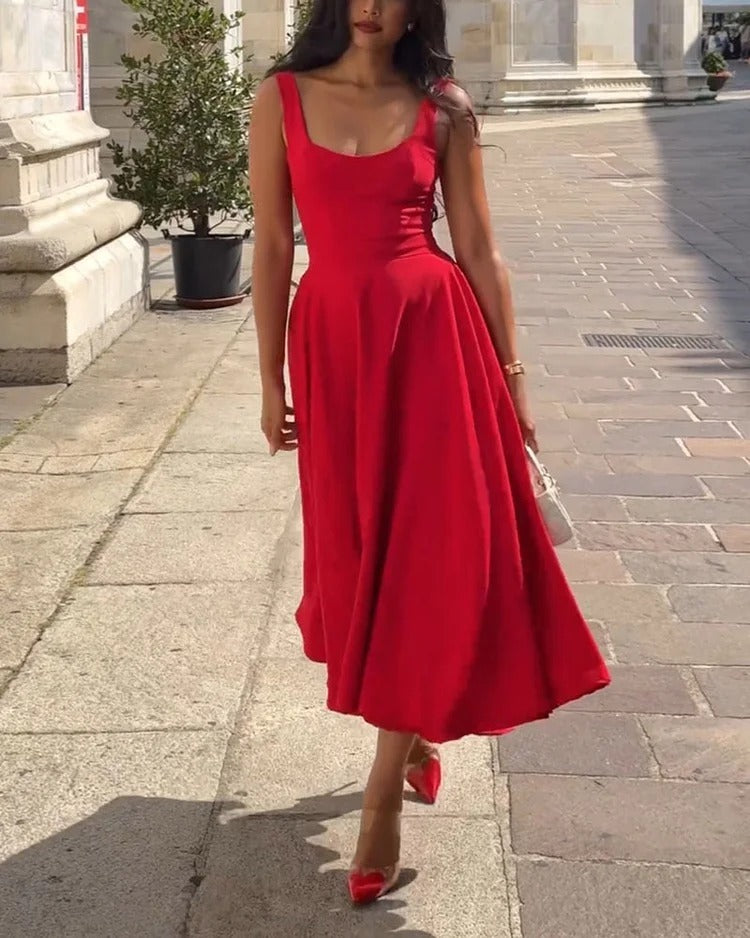 Women's elegant midi dress fitted bodice wide straps flared hem timeless summer style