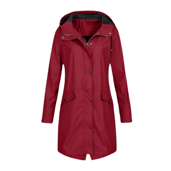 Women's long waterproof hooded raincoat windproof with front zipper and flap pockets for all-weather comfort