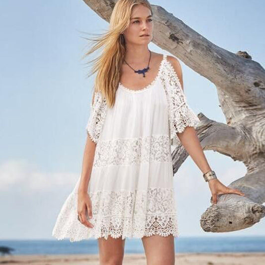Women's Beach Dress - Cold Shoulder Lace - Casual Summer Outfit - Urbann-Vibe