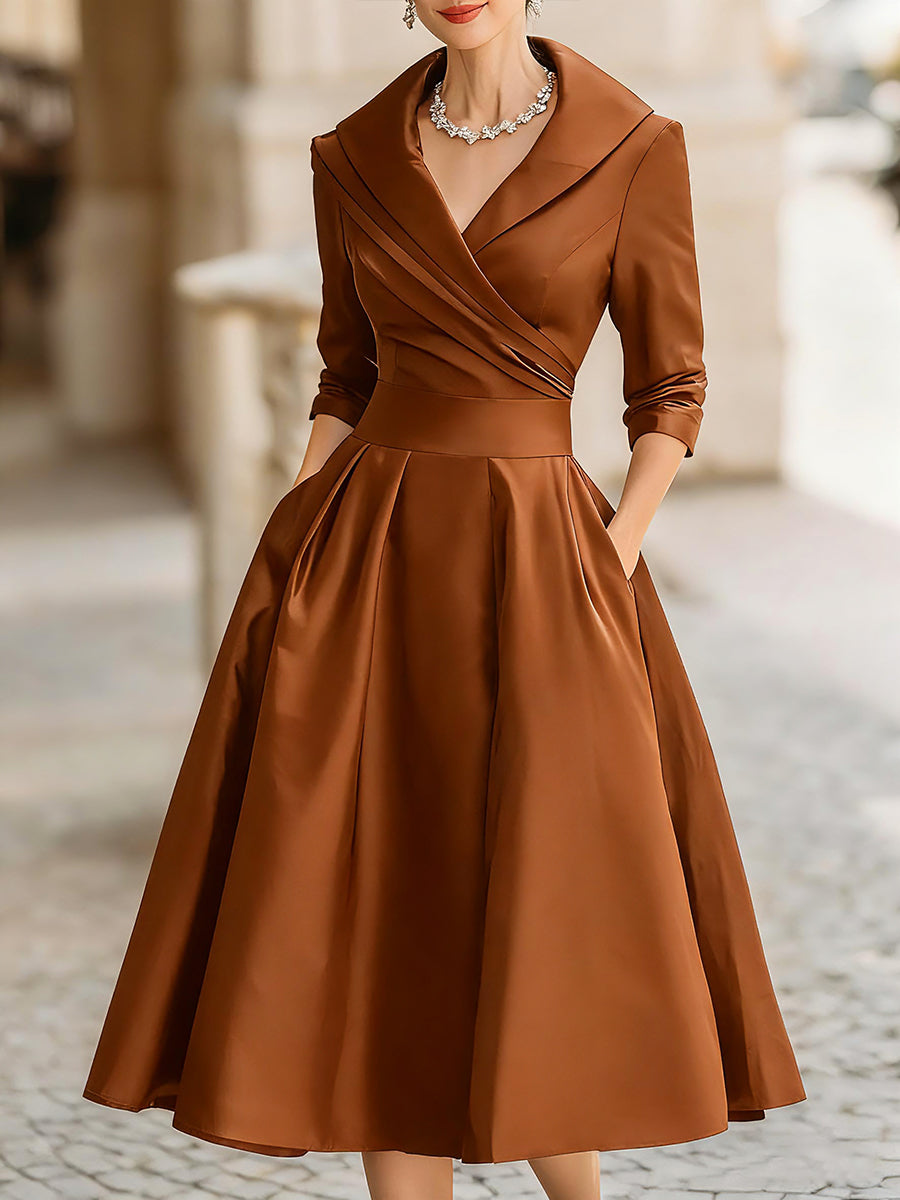 Women's Evening Midi Dress With Wrap Collar And Flare Silhouette For D