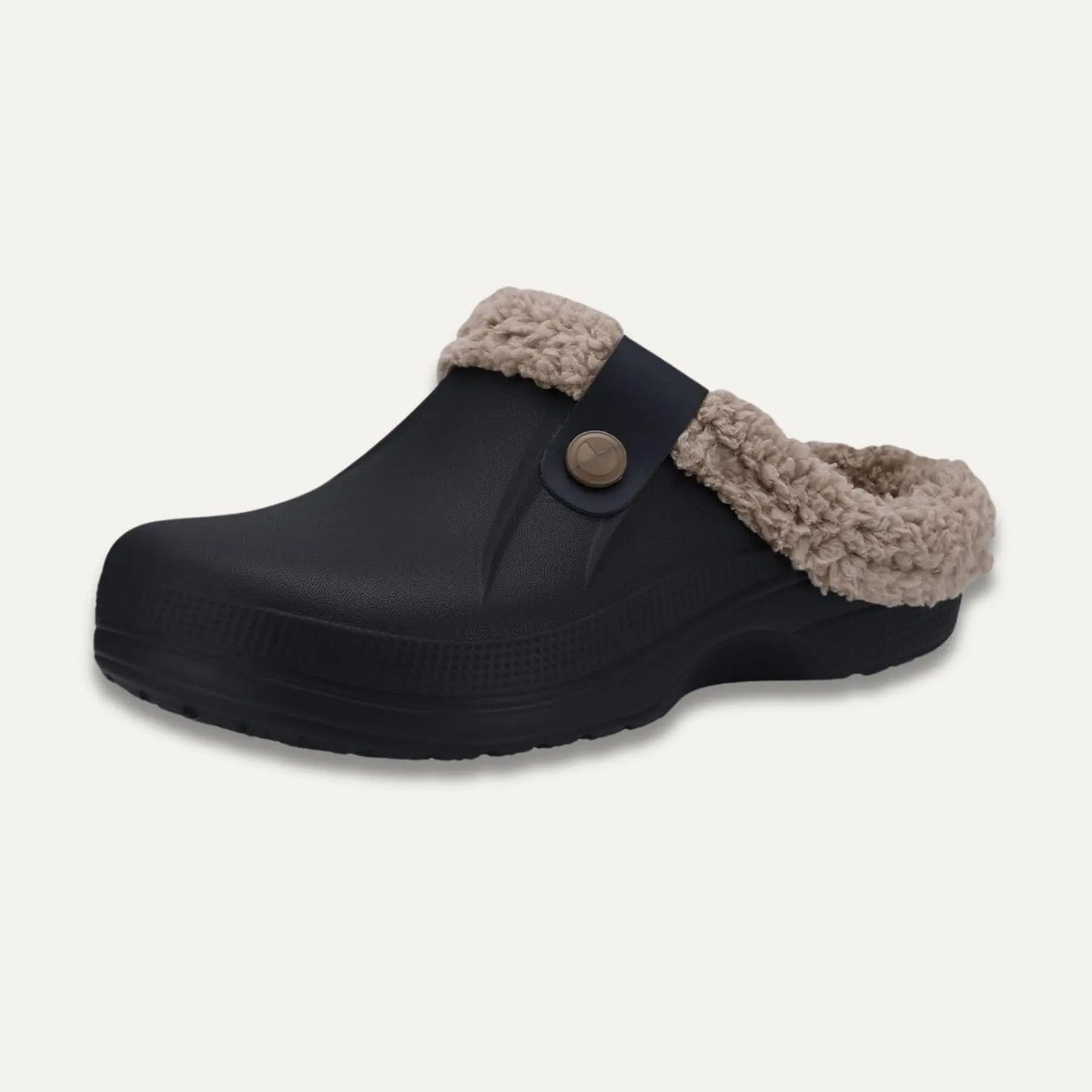 Beige orthopedic fuzz clog mules slip-on style with wide ergonomic footbed for all-day comfort