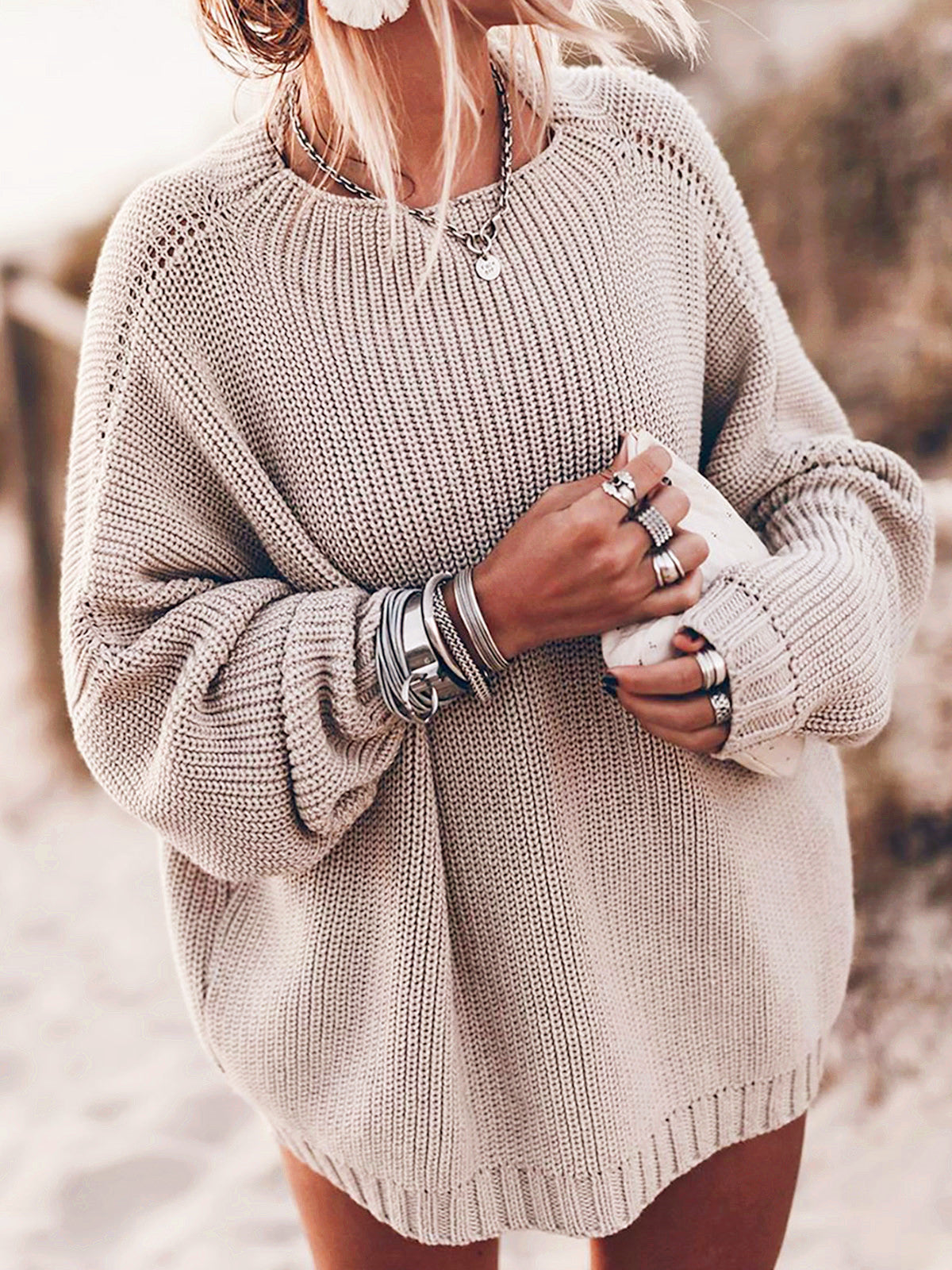 Women's oversized open-knit sweater long sleeves side slit relaxed fit cozy everyday layer