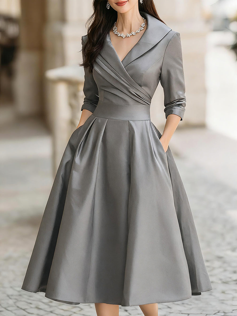 Women's black evening midi dress with wrap collar and flared silhouette, elegant fit for formal occasions