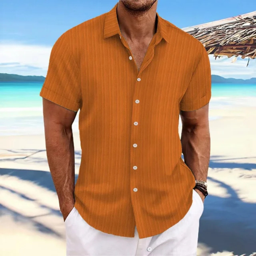 Men's lightweight striped button-down shirt short sleeves breathable classic fit for summer