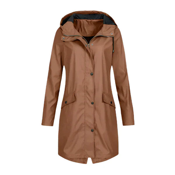 Women's long waterproof hooded raincoat with front zipper and flap pockets windproof protection
