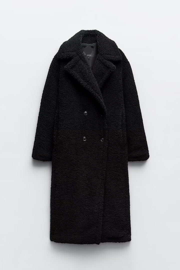 Women's long teddy coat soft warm oversized silhouette with plush fleece texture for cold weather style