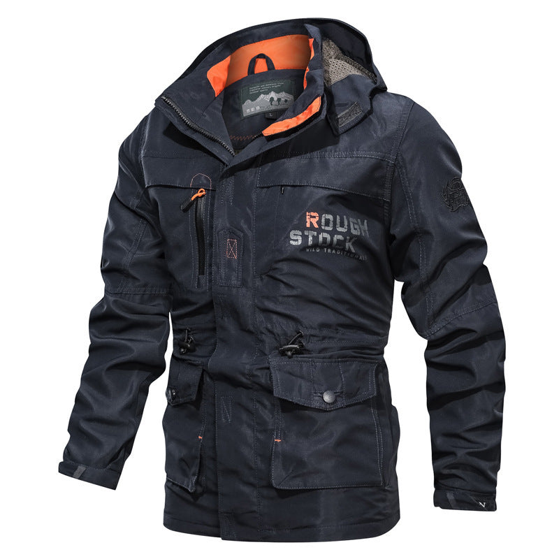 Men's water-repellent hooded outdoor jacket relaxed fit multiple pockets all-weather adventure wear