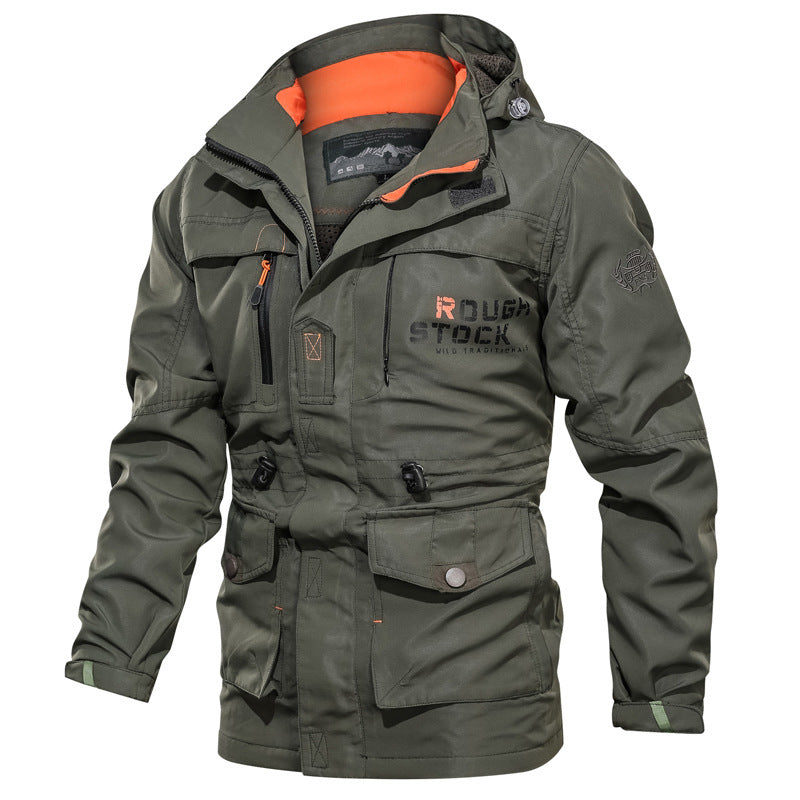 Men's water-repellent hooded outdoor jacket relaxed fit multiple pockets all-weather adventures