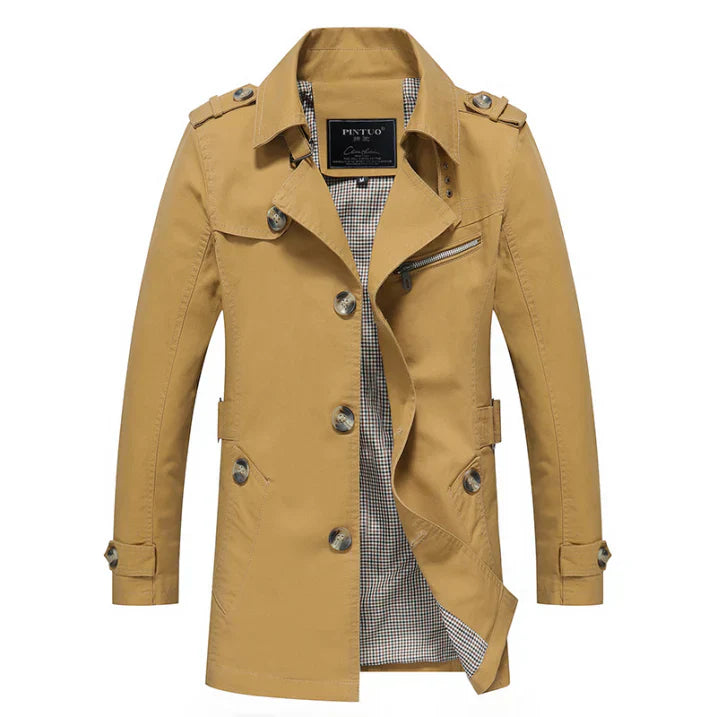 Men's winter trench coat double button placket epaulettes classic tailored everyday outerwear