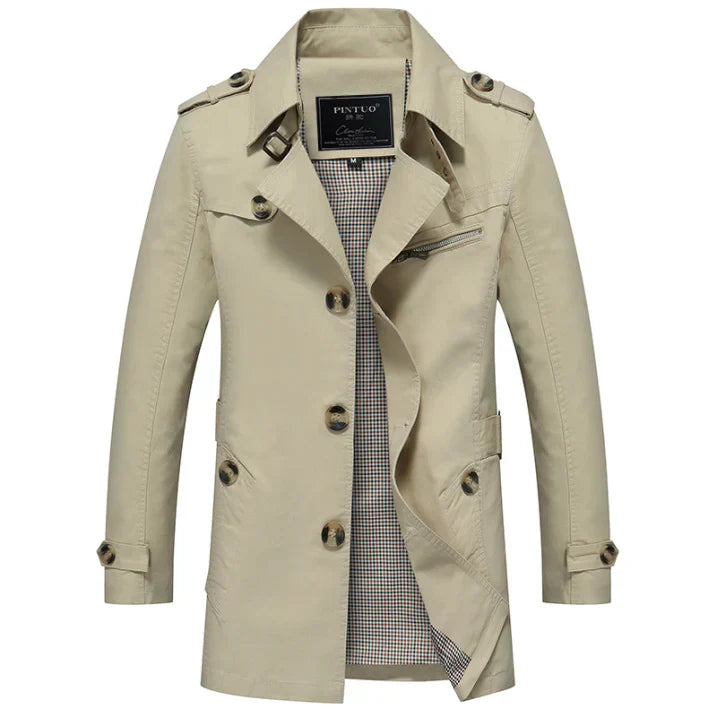 Men's dark winter trench coat with double button placket, epaulettes, and tailored everyday silhouette
