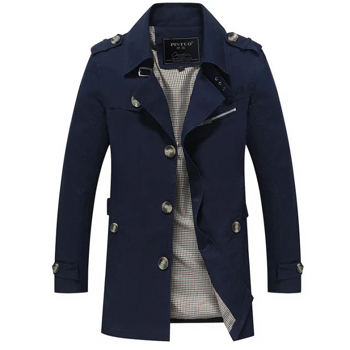 Men's winter trench coat dark tone double-button placket epaulettes classic tailored everyday fit