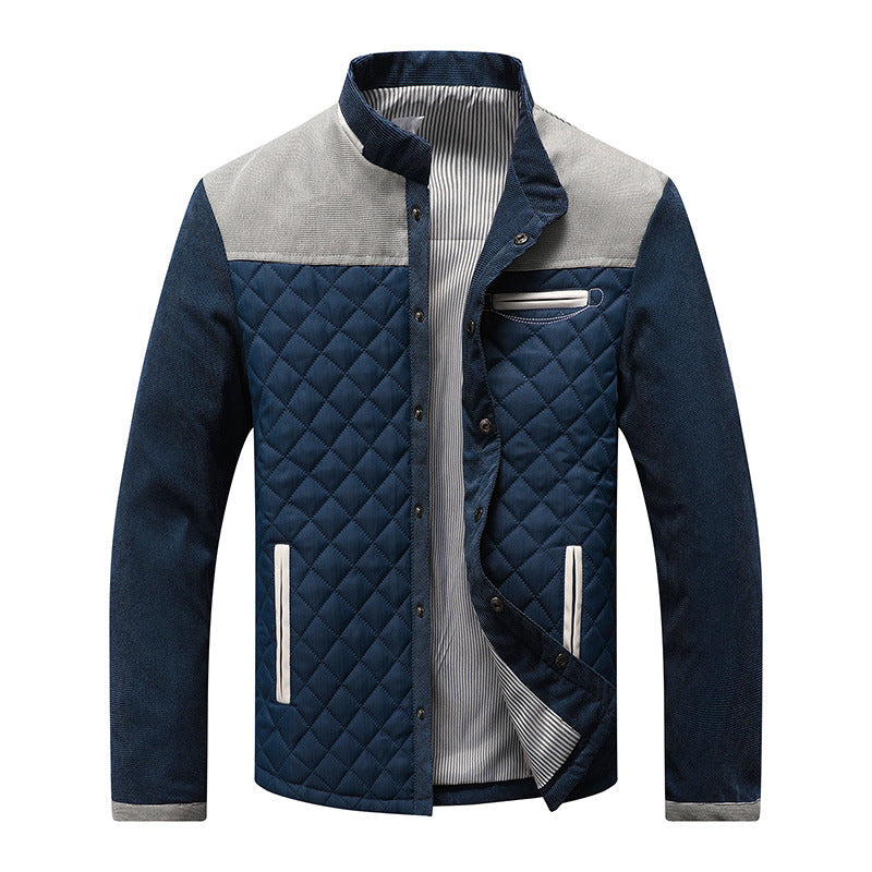 Men's quilted padded jacket tailored fit high collar zipper pockets modern slim silhouette