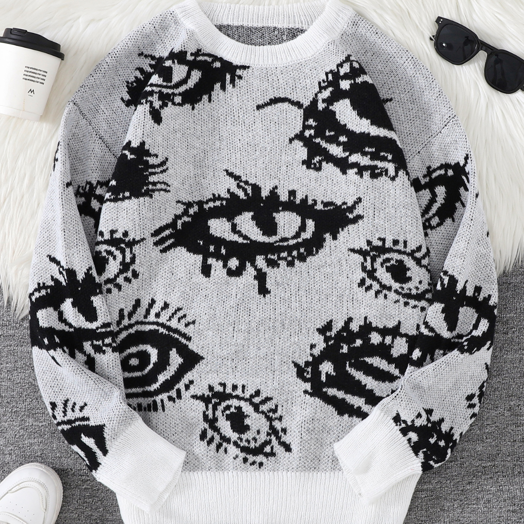 Cream lightweight round-neck jacquard knit sweater with abstract eye pattern for casual everyday wear