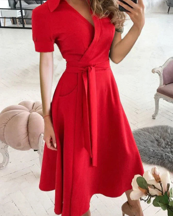 Kyra women's elegant midi dress V-neck silhouette versatile everyday wear premium chic quality