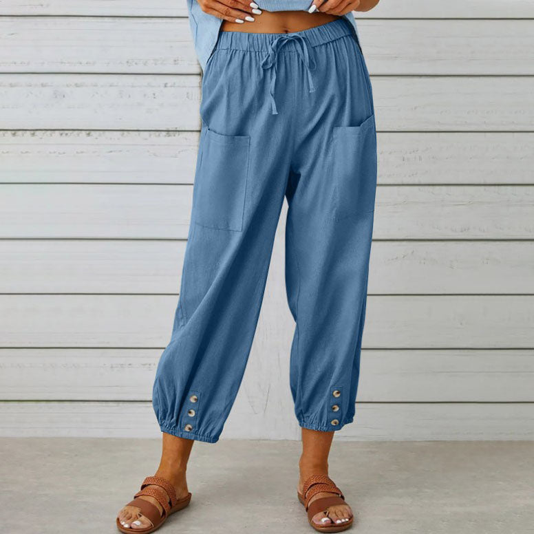 Women's wide leg cotton linen blend pants in neutral tone, relaxed high-rise cut with gentle stretch