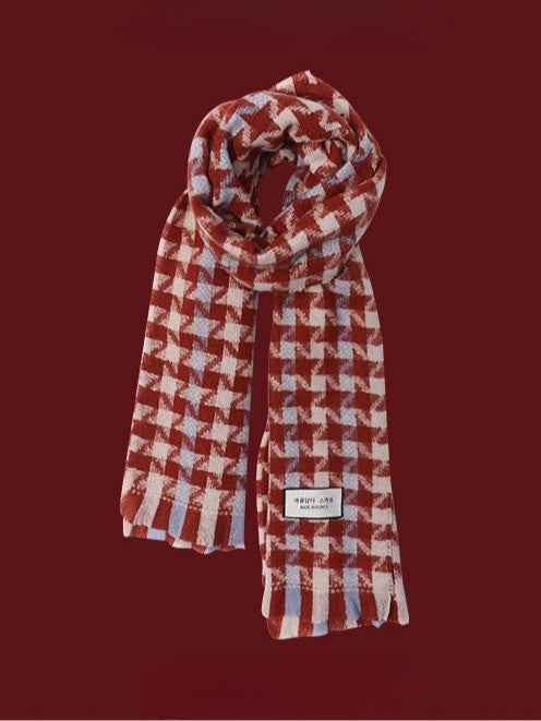 Women's red Christmas knitted scarf geometric elk pattern retro style soft warm holiday gift