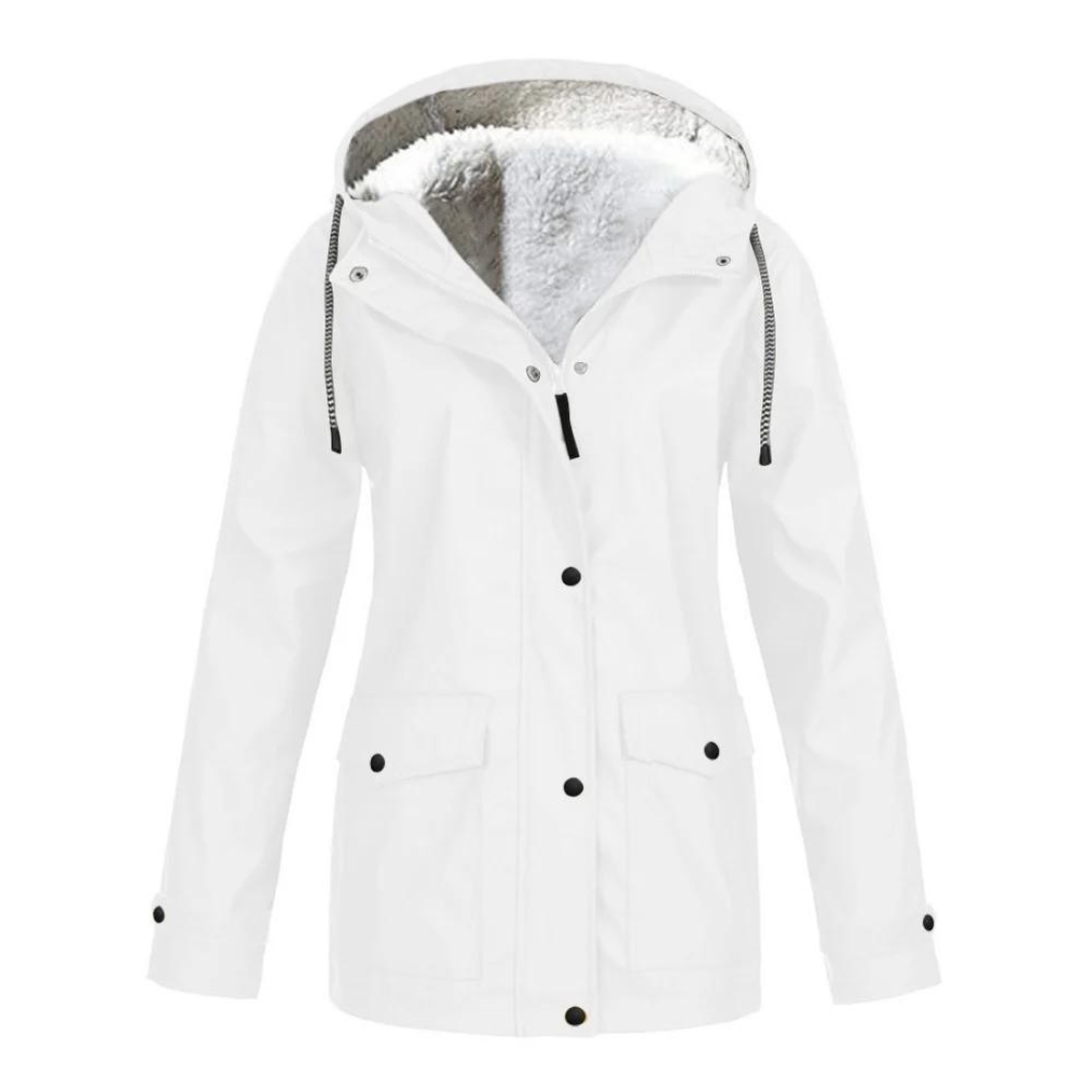 Women's long hooded rain jacket in neutral tone, adjustable fit, extended cut for all-weather protection