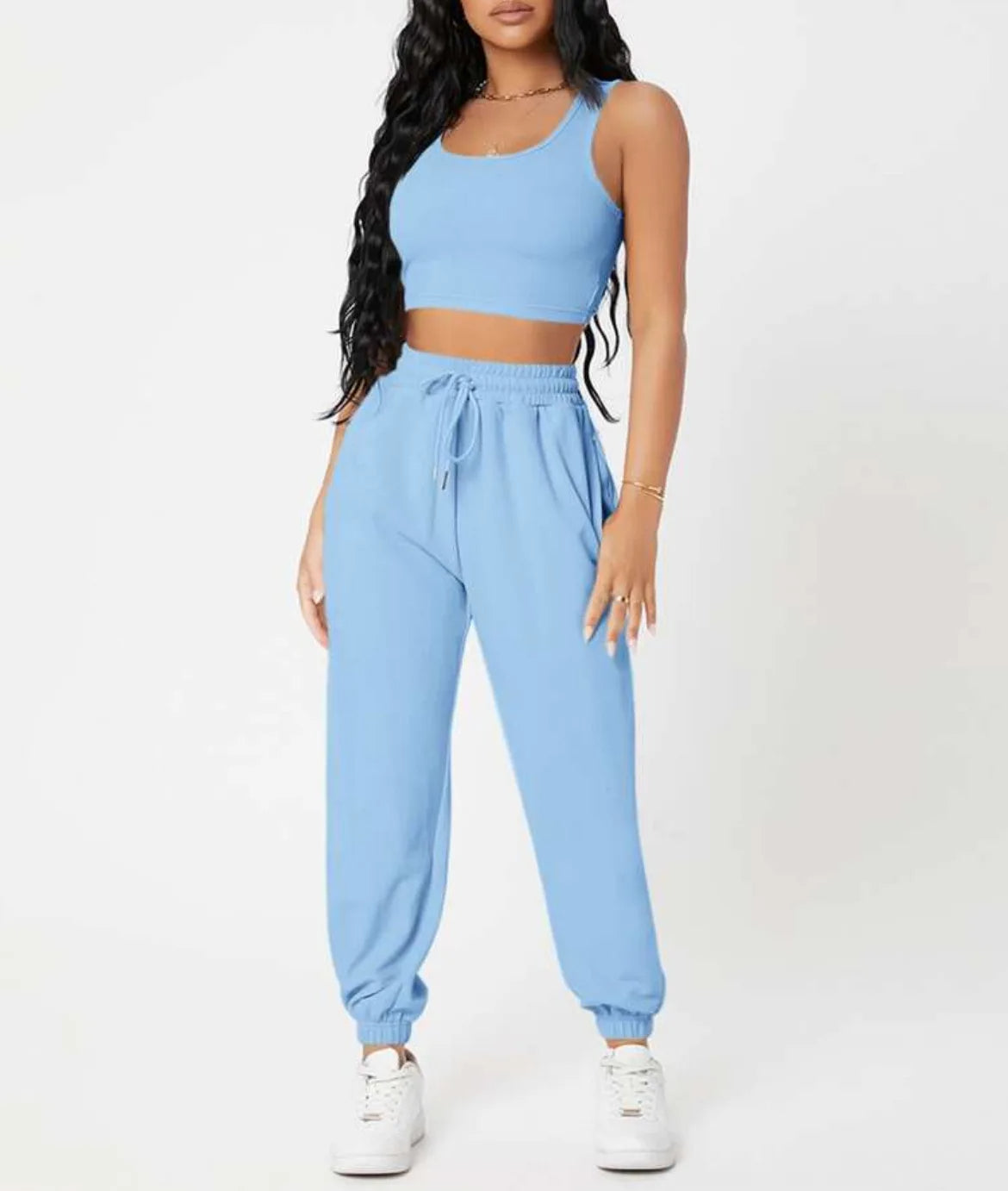 Women's ultra-soft crop top and high-rise joggers lounge set in matching two-piece silhouette