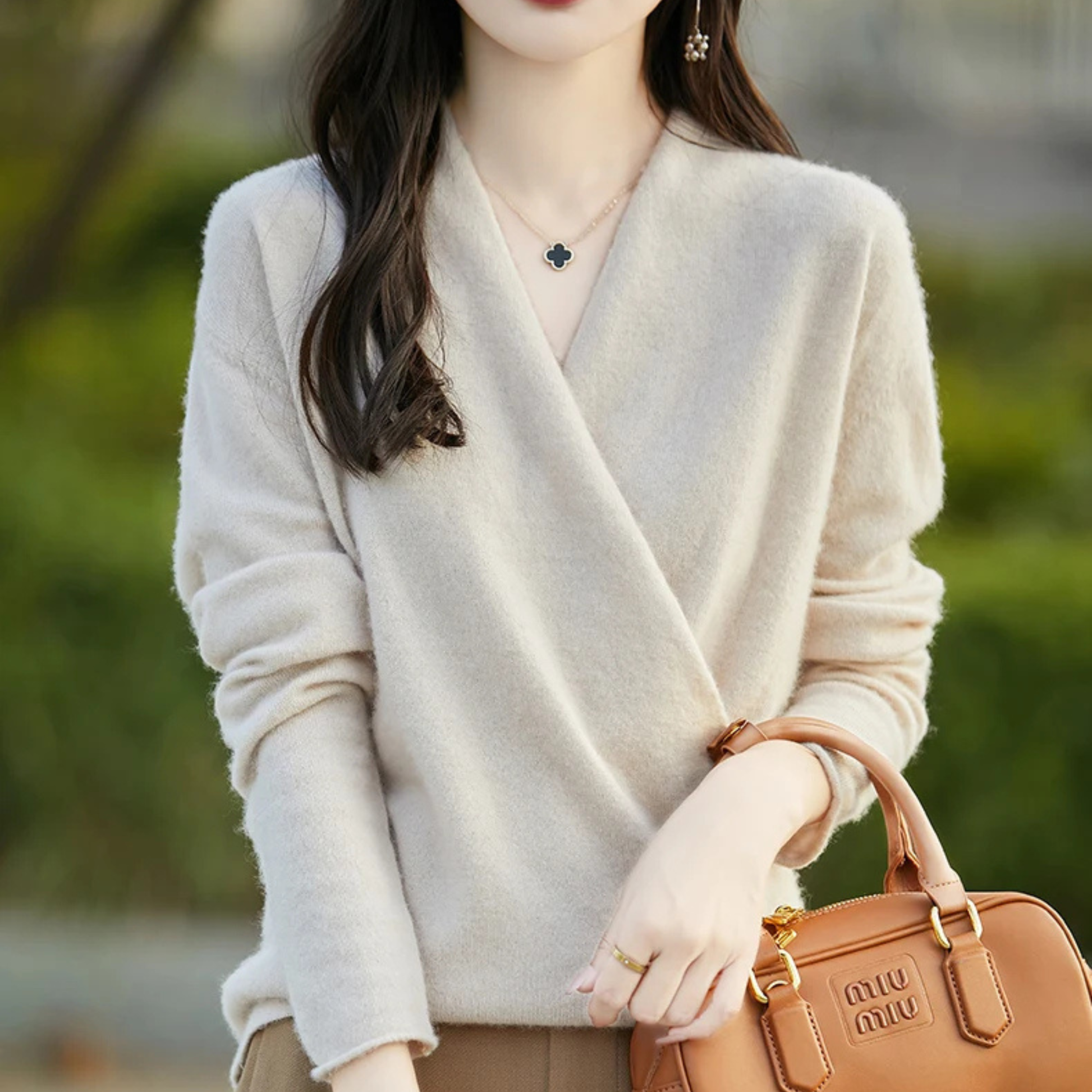 Women's merino wool wrap sweater, featherweight crossover V-neck knit in minimalist style