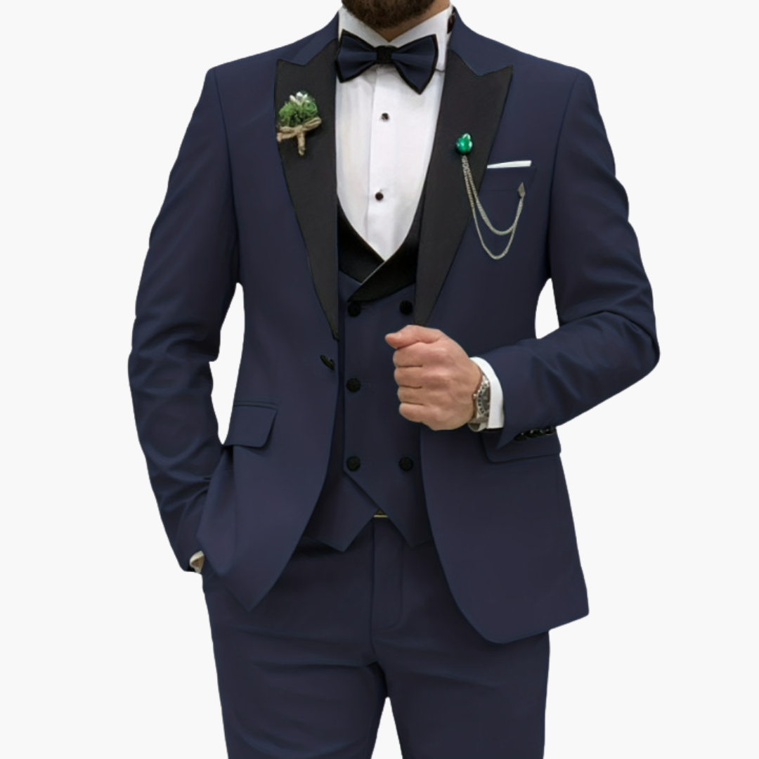 Men's slim fit three-piece suit navy contrast lapels single-breasted jacket vest trousers formal wedding