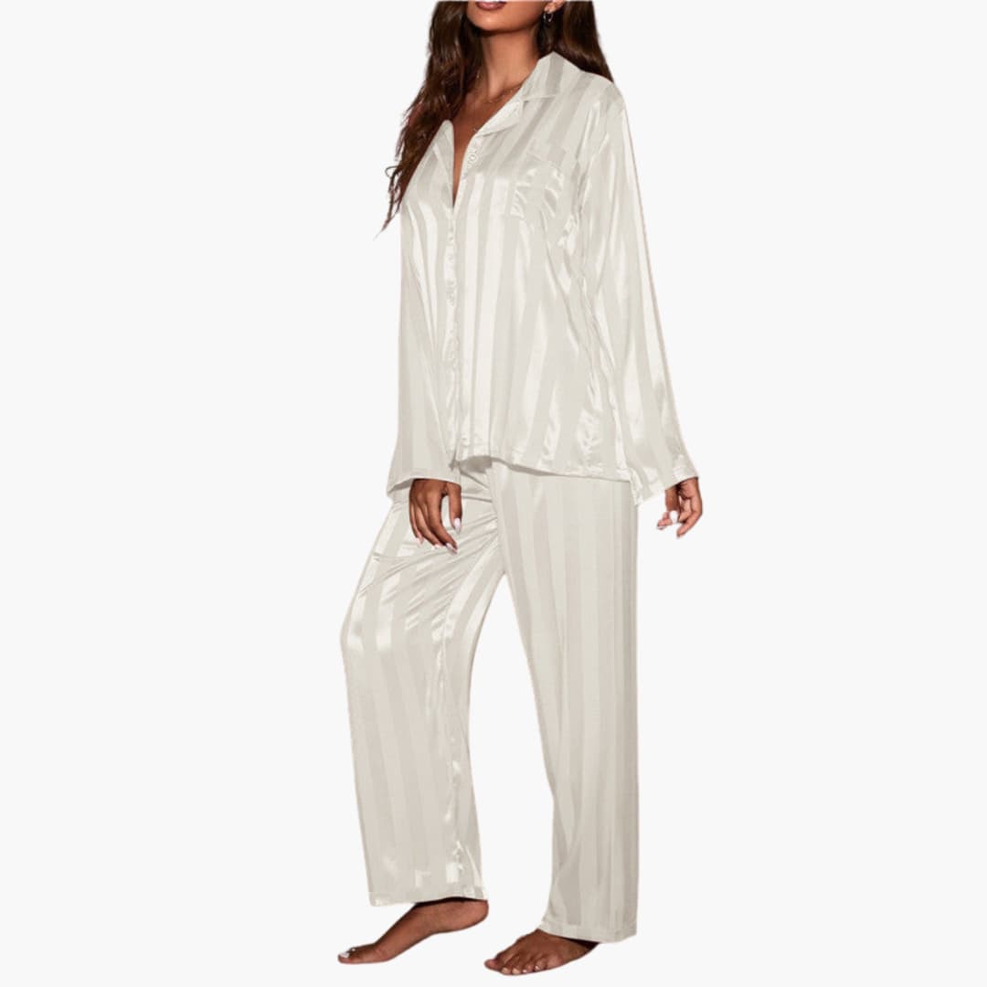 Women's satin pajama set button-front top vertical stripe design silky finish elastic waistband