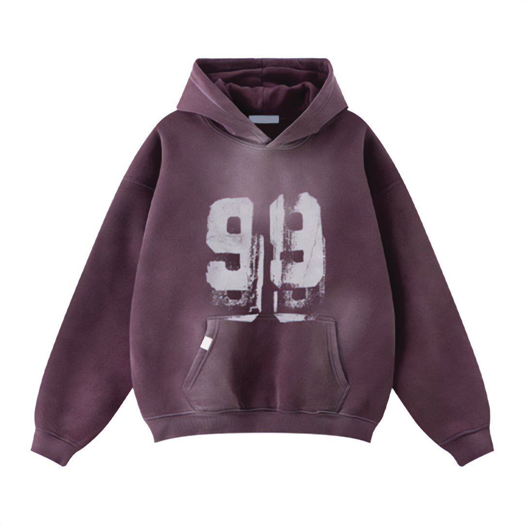 Men's heavyweight garment-dyed distressed hoodie in washed cotton with bold 99 print streetwear style