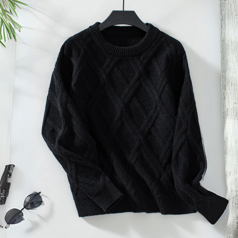 Women's diamond knit sweater warm cozy ribbed trim neutral tones subtle texture everyday casual layer