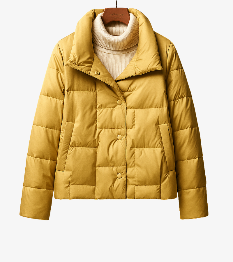 Women's cropped quilted puffer jacket lightweight stand collar snap front minimal winter style