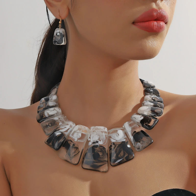 Aurora marbled resin collar necklace earring set bold geometric sculptural statement jewelry
