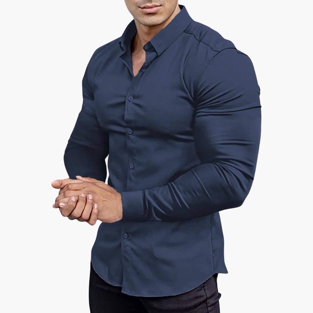 Men's slim fit dress shirt structured silhouette versatile office casual wear stretch fabric