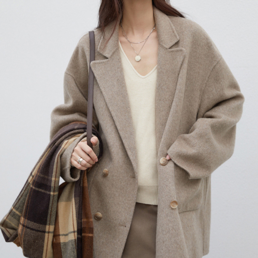 Camel wool-blend oversized trench coat double-breasted closure relaxed fit for city professionals