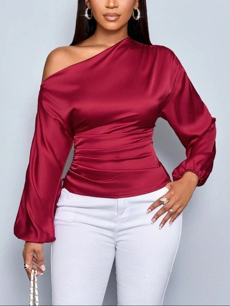 Women's slim-fit satin blouse with asymmetrical slanted collar, long sleeves, solid color, chic office style