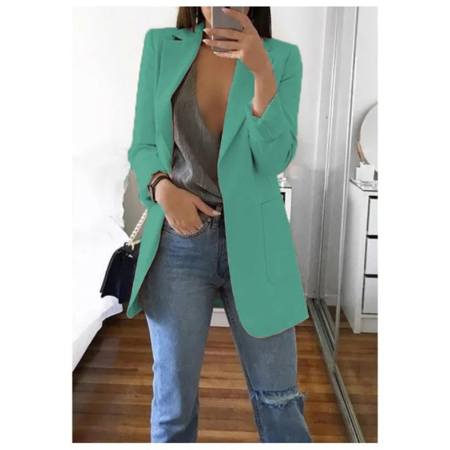 Women's long khaki blazer tailored fit elegant office style all-day comfort versatile layer